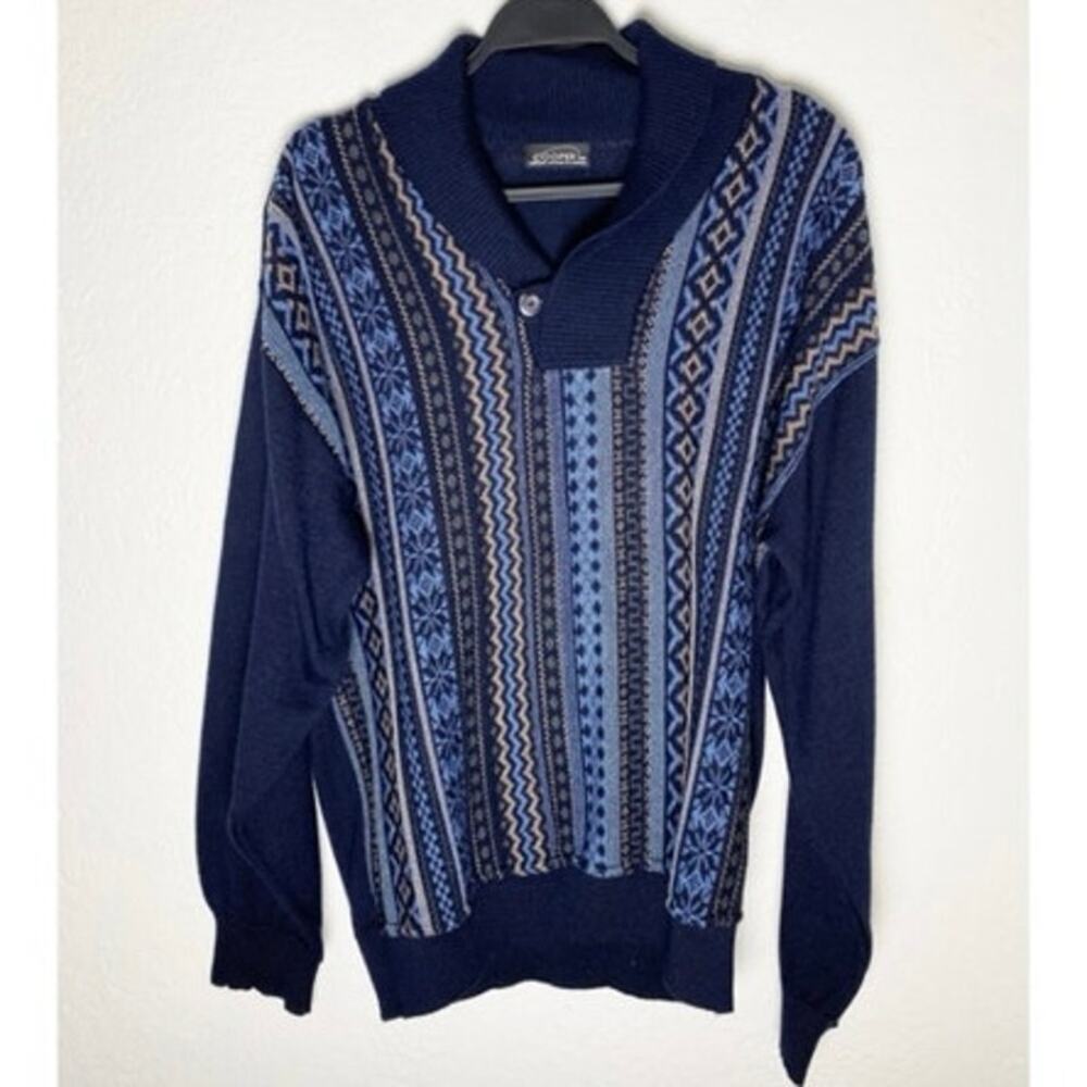 Vintage Men's Cooper Pullover Shawl Collar Wool Blend Blue Pattern Sweater 90s M